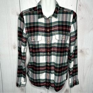American Eagle Plaid Green Red Button Up Flannel Shirt